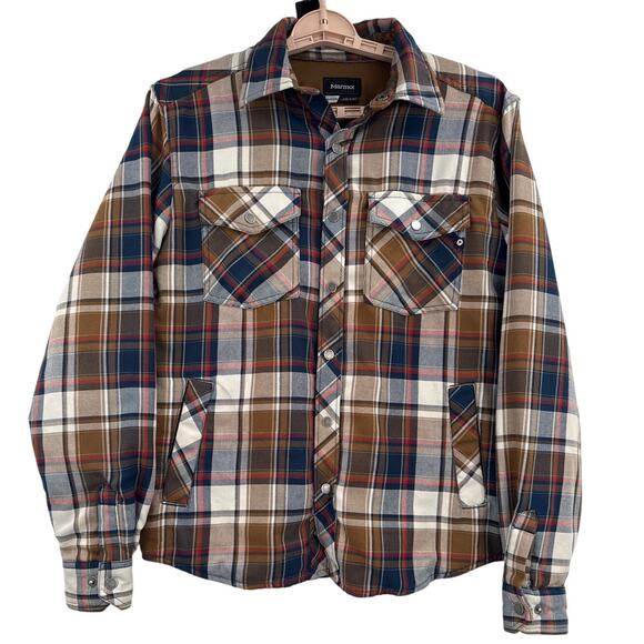 Marmot Shirt Jacket Snap Front Plaid brown Flannel Szize Small - Picture 1 of 11